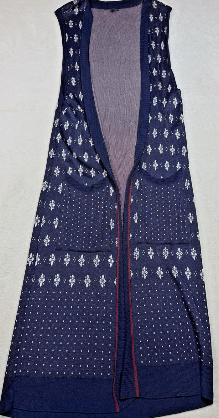 Rag & Bone Fair Isle Knit Long Duster Vest Viscose Navy Blue Pattern Sz Med